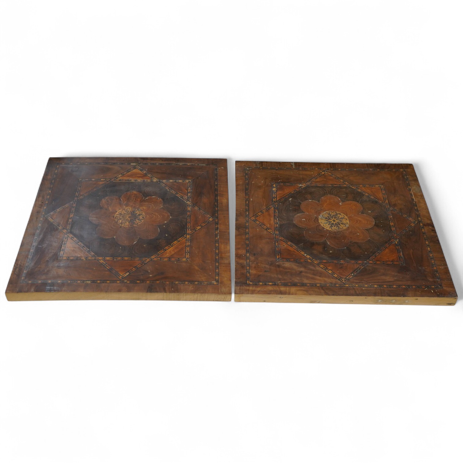 A pair of 19th century oyster laburnum/walnut and parquetry inlaid panels, 47cm sq